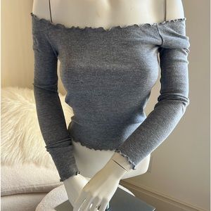 Brandy Melville Grey Long Sleeve Off Shoulder Ruffle Top